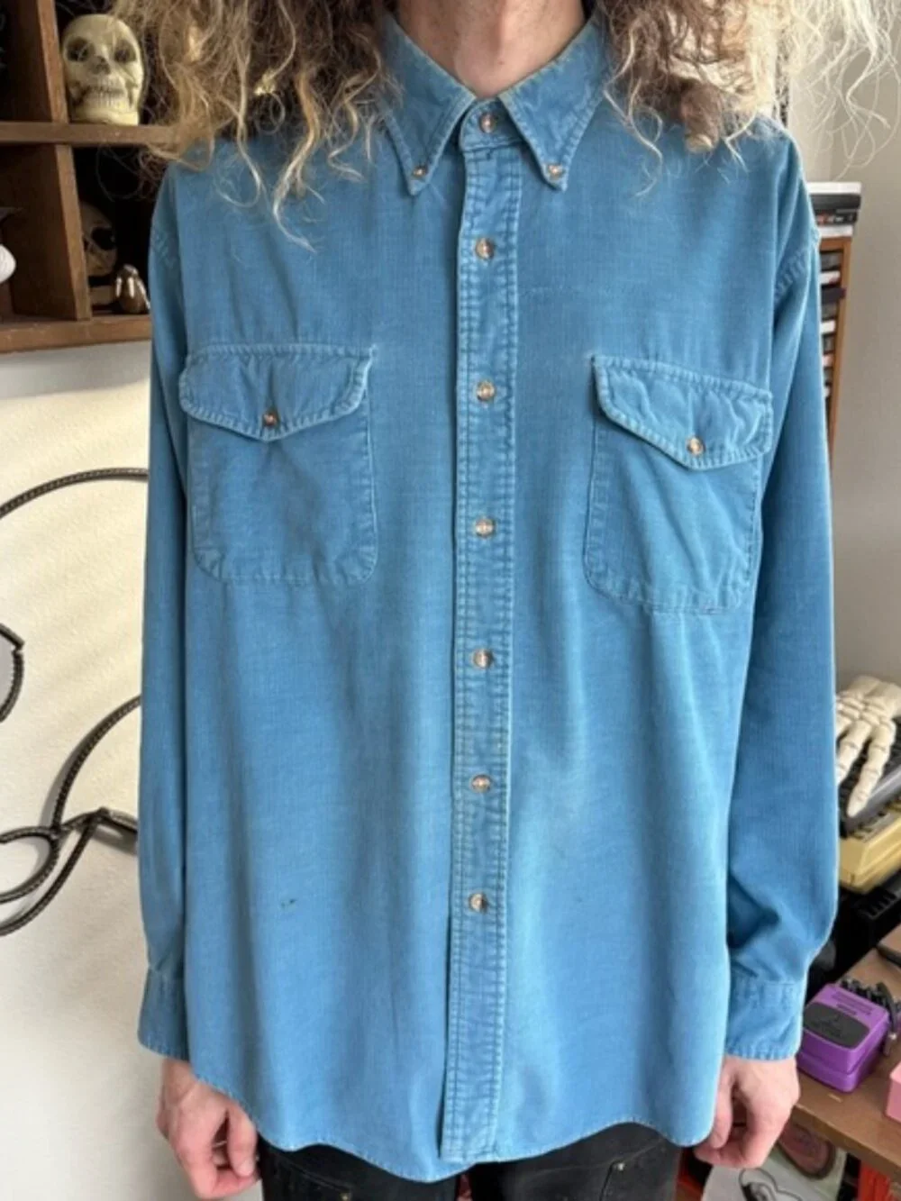 Vintage 90s Light Blue Corduroy Long Sleeve Button Down Lands' End ~ Size XL - Picture 3 of 9